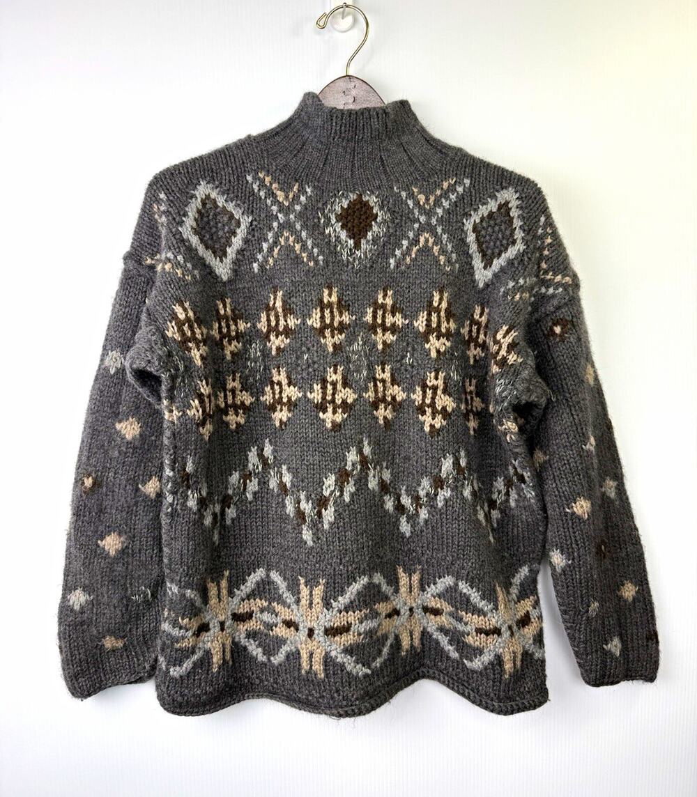 Vintage The Limited Handknit Wool Fair Isle Sweater S Nordic Mock Neck Gray